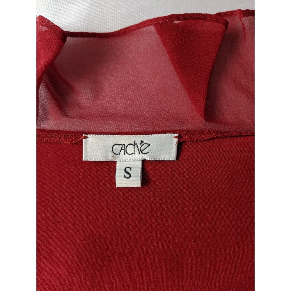 Cache Y2K Red Ruffle Wrap Top Silk Trim Long Sleeve V-Neck Small S USA Made - Picture 3 of 7